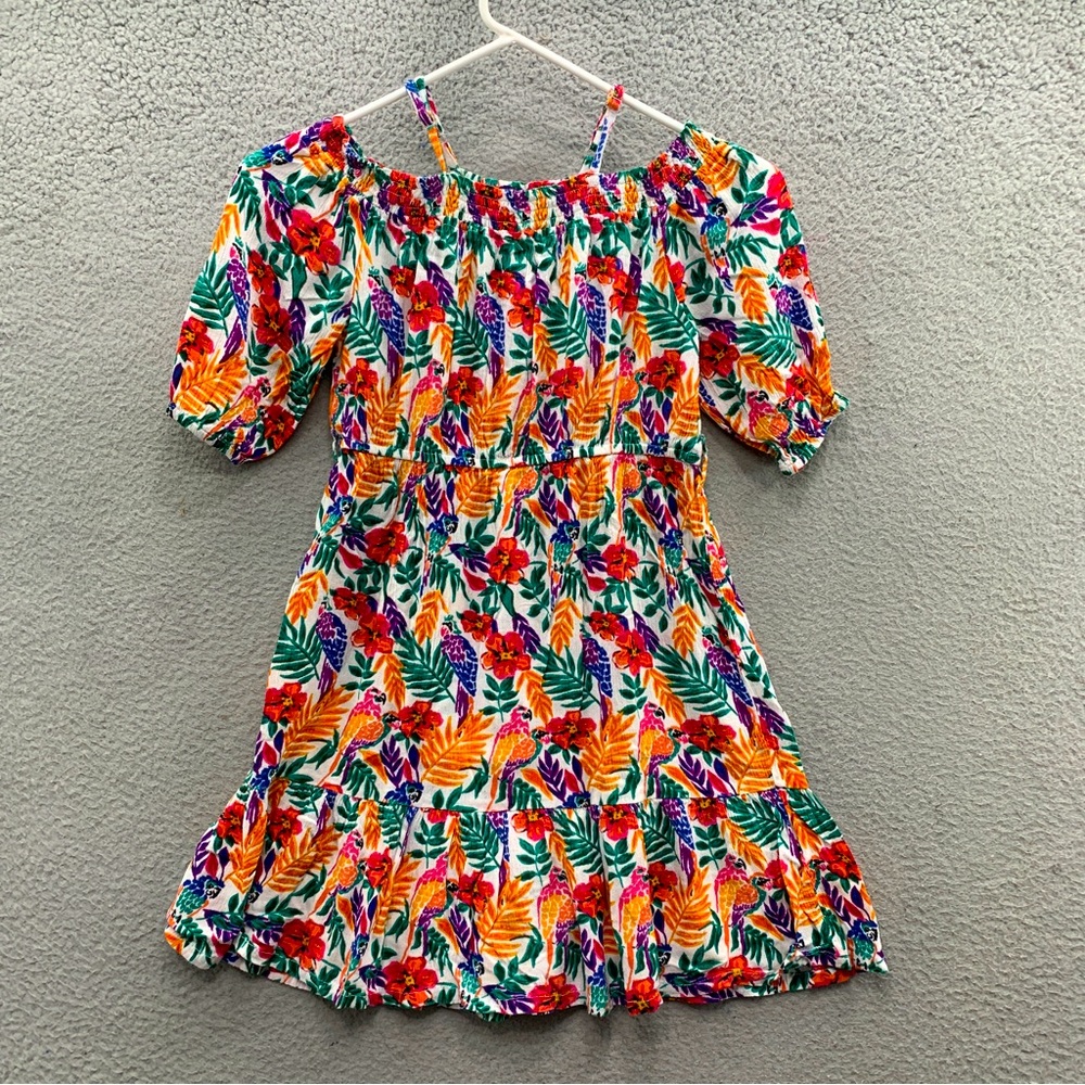 Rio Girl Multicolor Green Pink Orange Floral Sundress Cold Shoulder Size 11-12